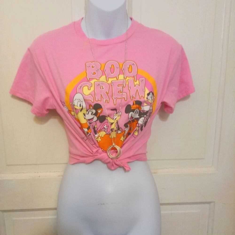 Disney Ladies Pink Mickey Crop T-Shirt Sz Lg - Picture 1 of 5